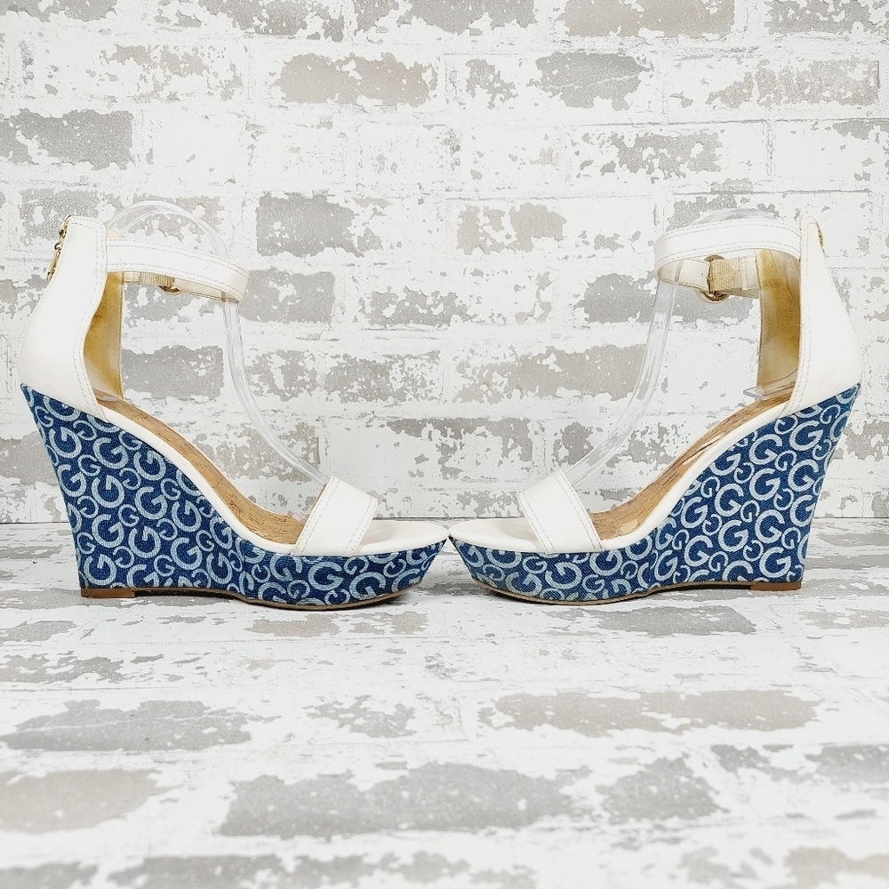 Guess Womens Donny Shoes White Blue Signature Logo Wedge Platform Sandals D54 - Picture 7 of 15